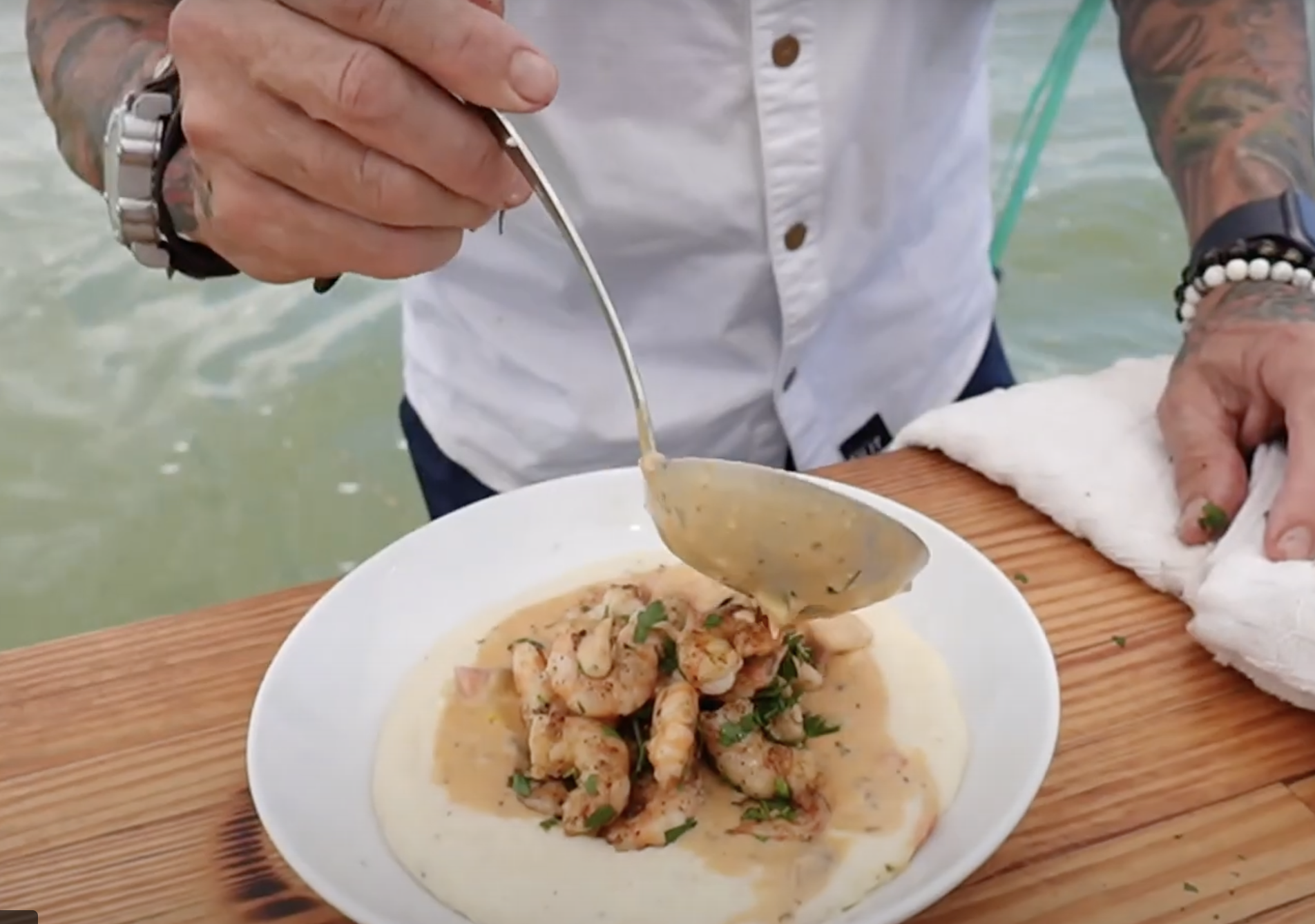 Charleston chef Brett McKee cooks his southern shrimp and grits recipe on The Food Boat YouTube Channel