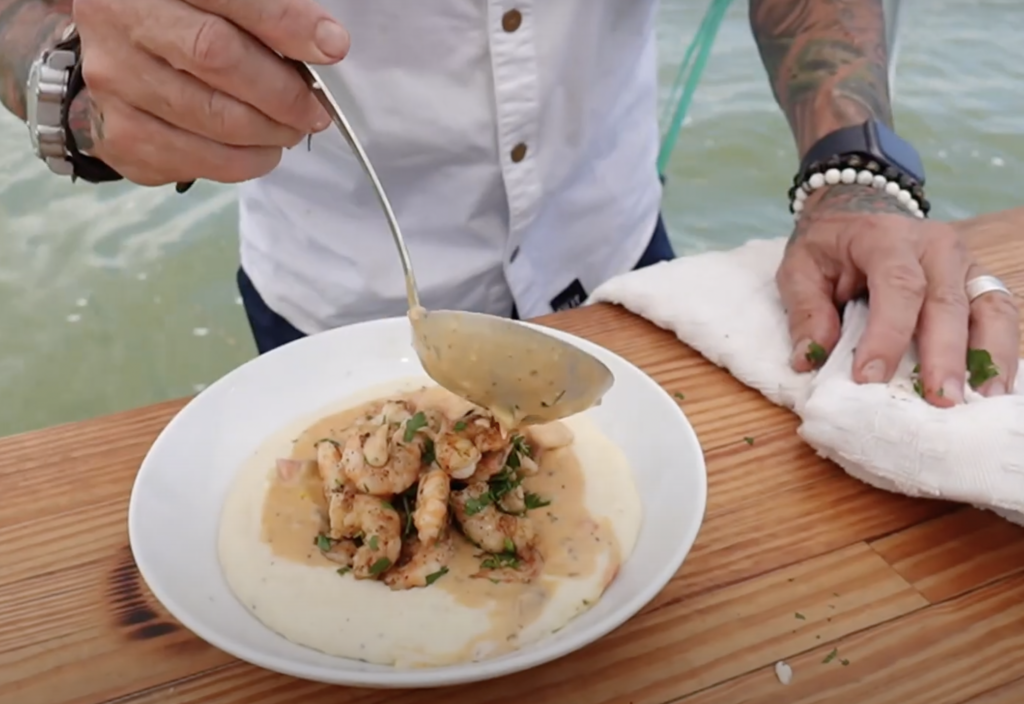 Charleston chef Brett McKee cooks his southern shrimp and grits recipe on The Food Boat YouTube Channel on Shem Creek